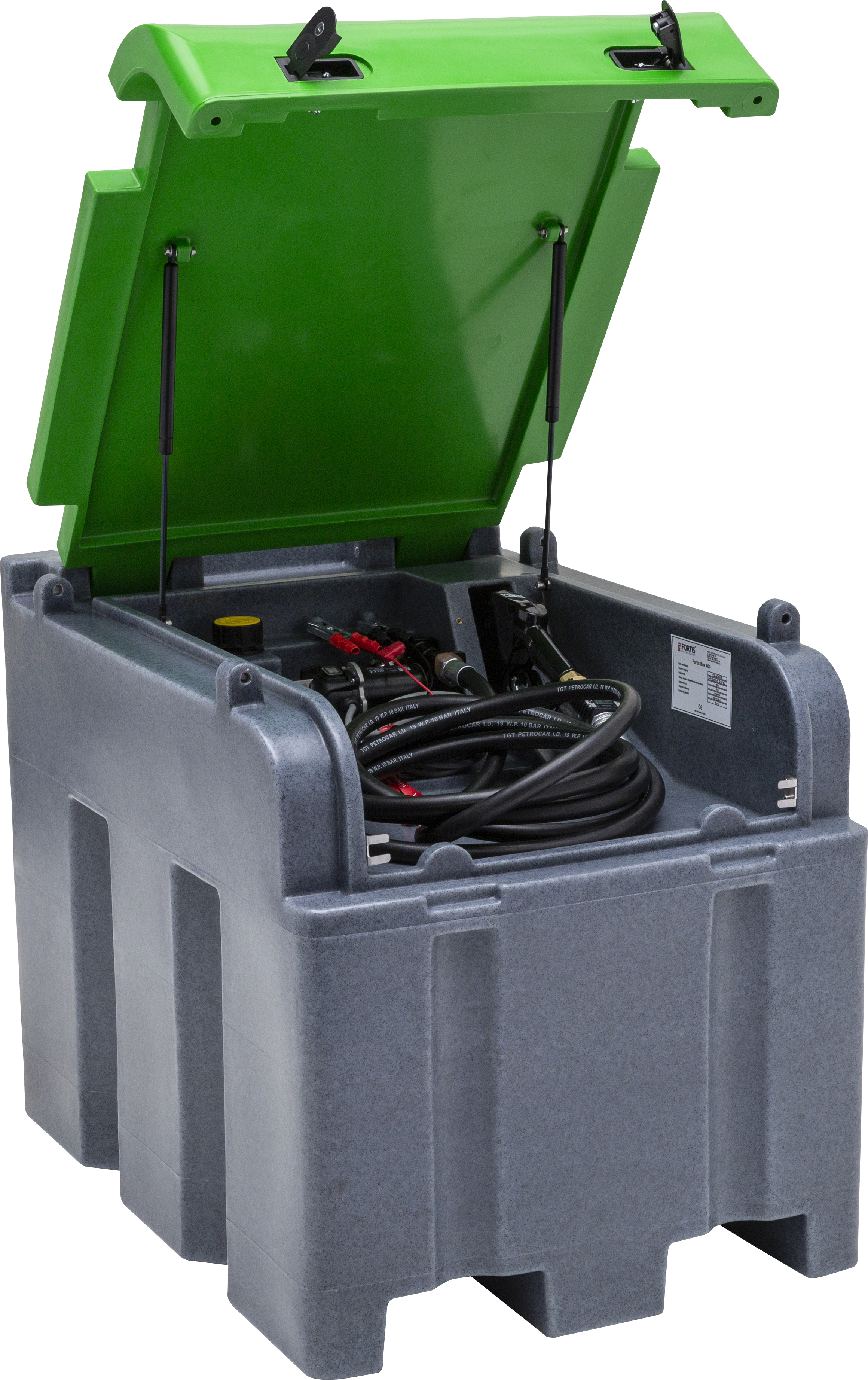 FortisBox400-offener-Deckel Leicht schräge Frontansicht mit offenem Deckel